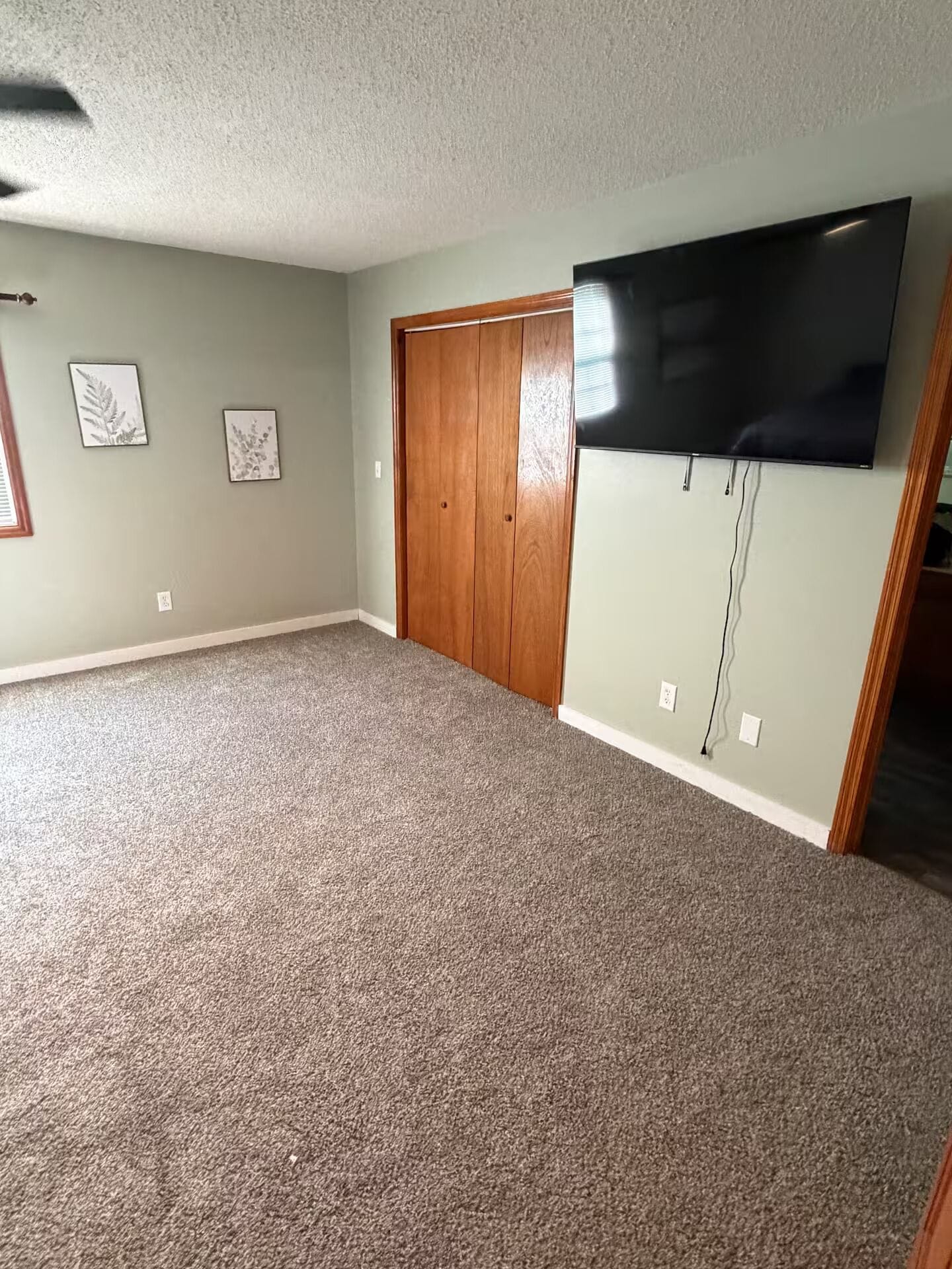 A room with carpeted flooring, a wooden closet, and a mounted flat-screen TV.