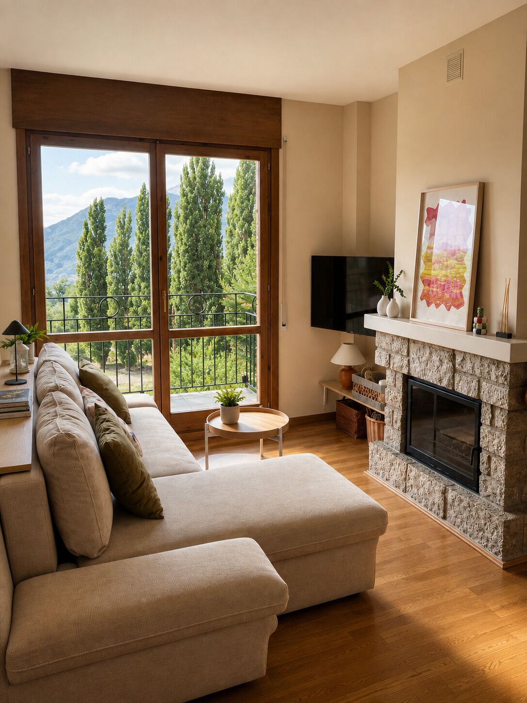 Sala de estar con sofá, chimenea, televisión y vistas a árboles y montañas a través de amplios ventanales.