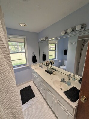 Hair dryer, towels, soap, toilet paper - Charming Broad Ripple Midcentury, Large Fenced in Backyard (Indianapolis)
