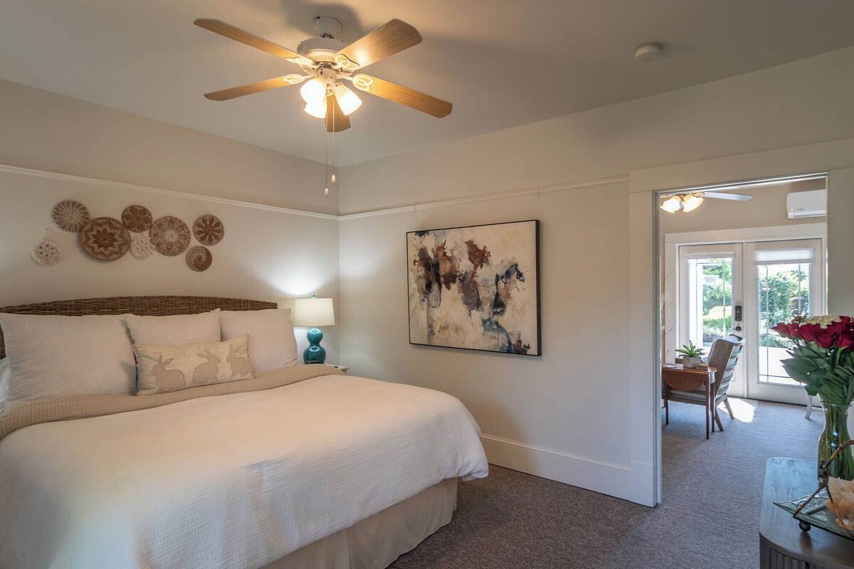 A bedroom with a bed, a ceiling fan, a wall-mounted artwork, and a door leading to a balcony with a chair and a potted plant.