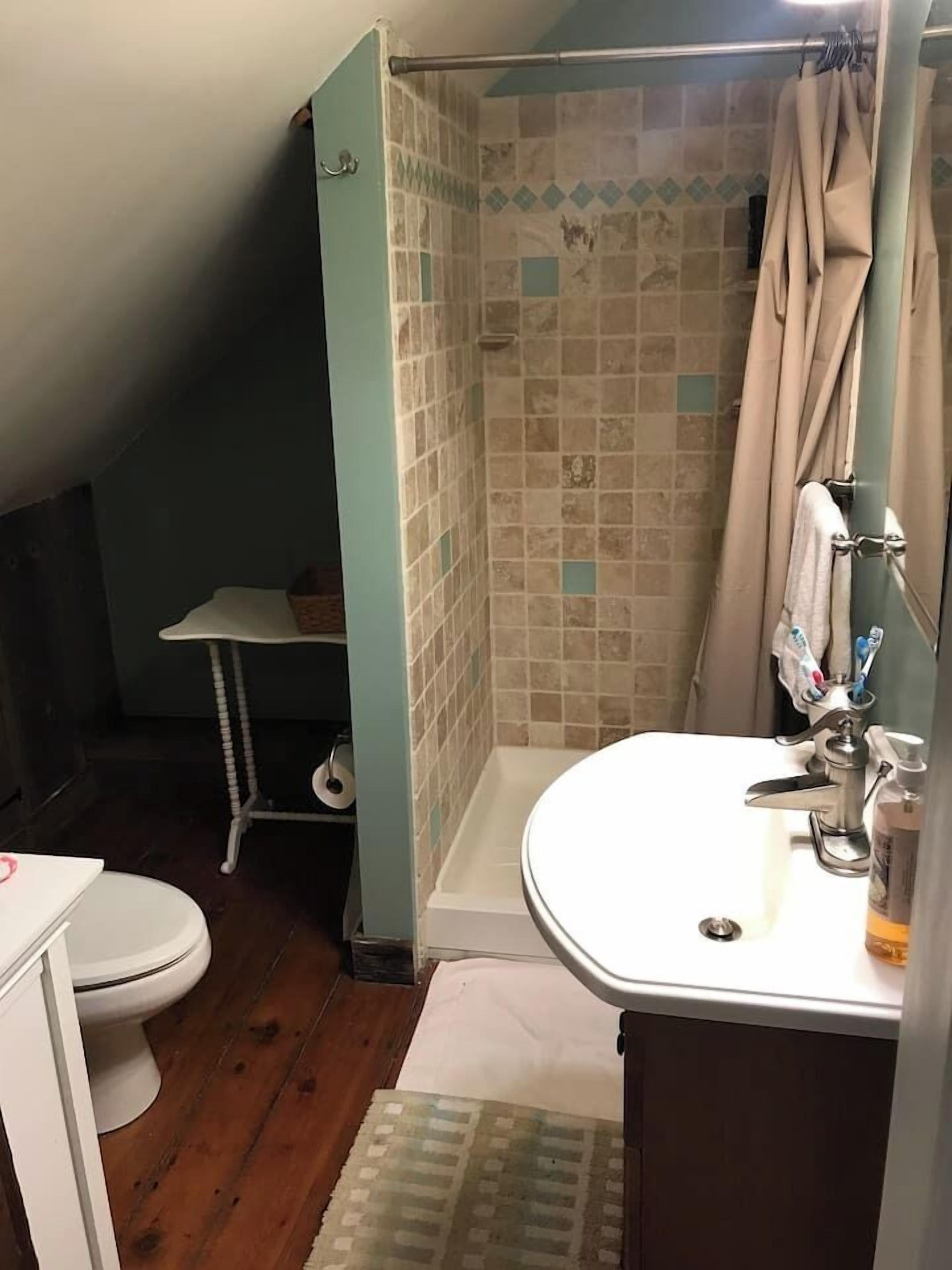 Een badkamer met douche, toilet en wastafel.