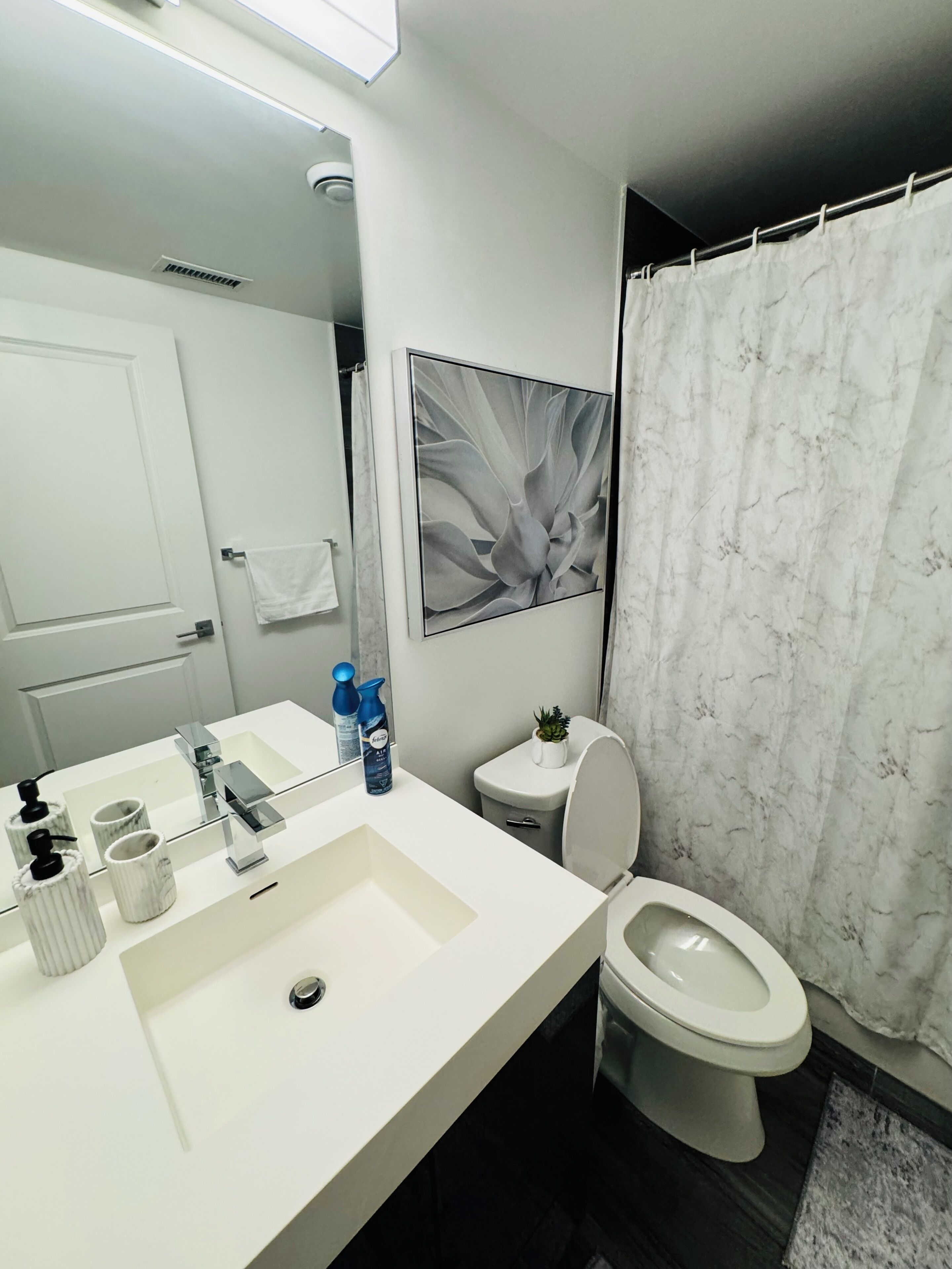 Une salle de bain avec un lavabo blanc, des toilettes, un rideau de douche et un miroir.