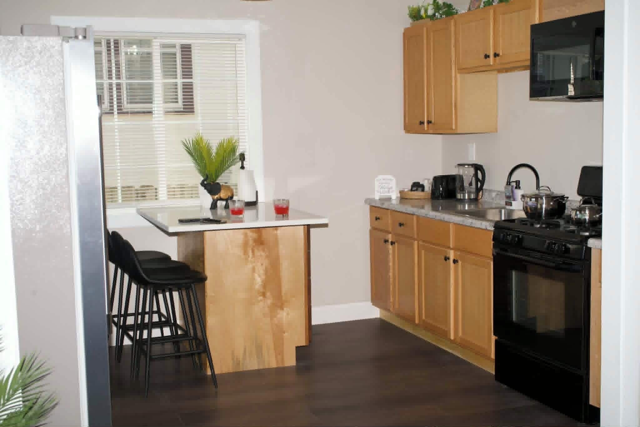 Microwave, dishwasher, blender, cookware/dishes/utensils