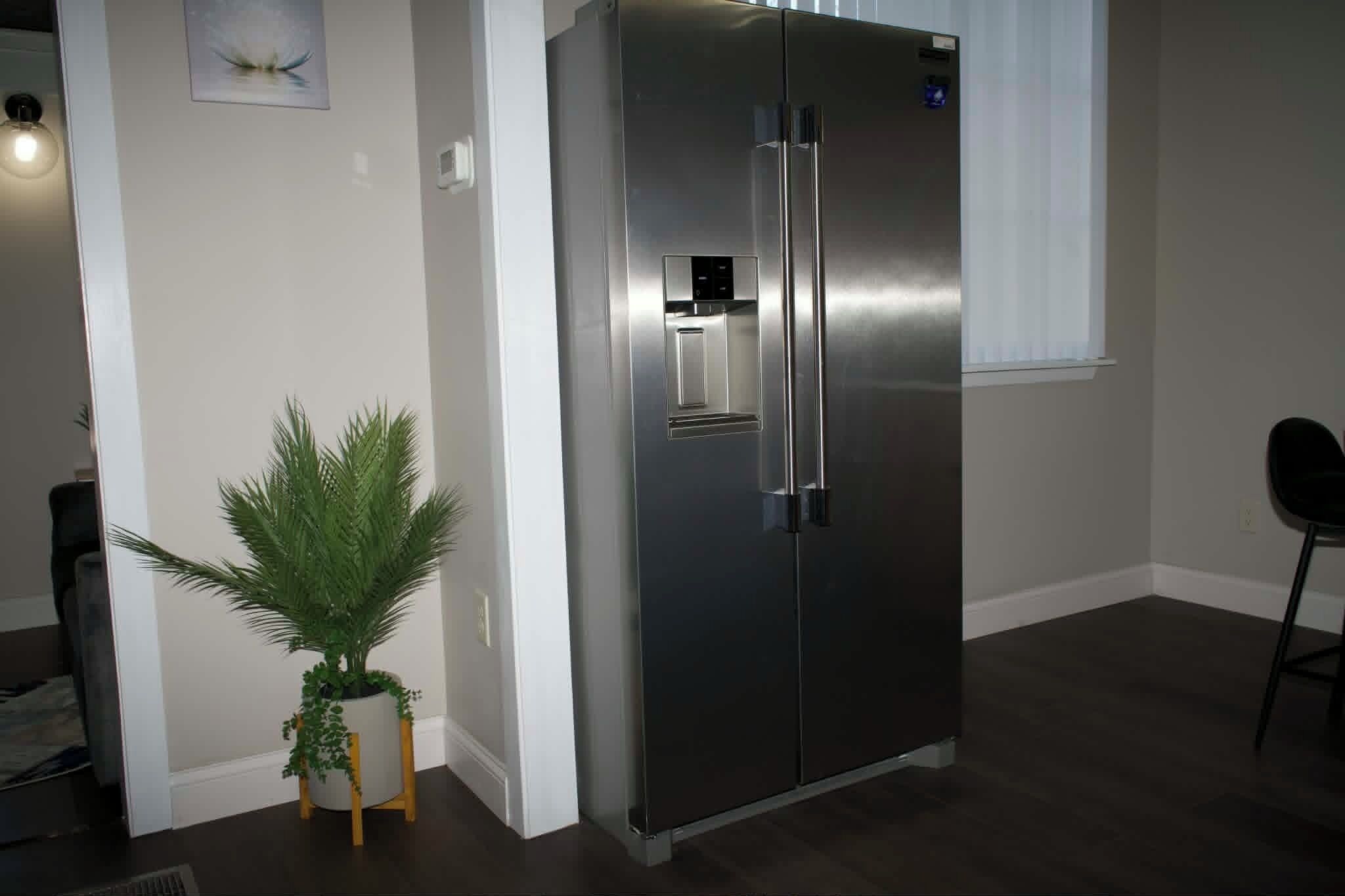 Un refrigerador de acero inoxidable en una habitación con una planta en maceta y una ventana.