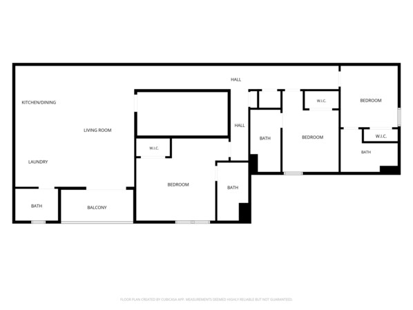 A floor plan with a kitchen/dining area, living room, two bedrooms, two bathrooms, a balcony, and a hall.