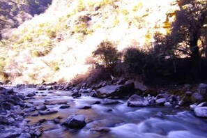 A river flowing through a rocky terrain with trees on the banks.