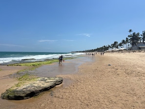 A beach with a rocky outcrop, palm trees, and a clear sky. - ⭐ Muro Alto Beach Resort near Porto de Galinhas | Pool & Garden (Ipojuca)