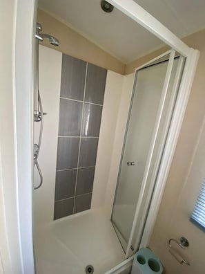 Eine Dusche mit Glastür, Brausekopf und Handbrause.
