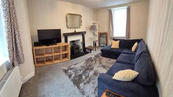 A living room with a sofa, television, fireplace, and a rug.