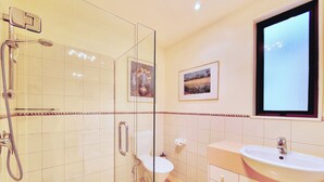 A modern bathroom with a glass-enclosed shower, a toilet, a sink, and two framed pictures on the wall.