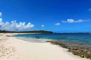 Ein Strand mit klarem Wasser, einem sandigen Ufer und einer entfernten Insel.