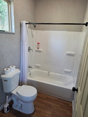 Ein Badezimmer mit Toilette, Badewanne und Duschvorhang.