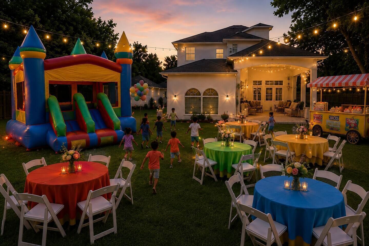 An outdoor party with inflatable play structures, tables with candles, and a snack cart.