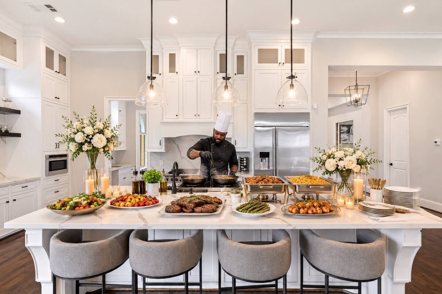 A modern kitchen with white cabinetry, a central island with bar stools, and a chef preparing food.