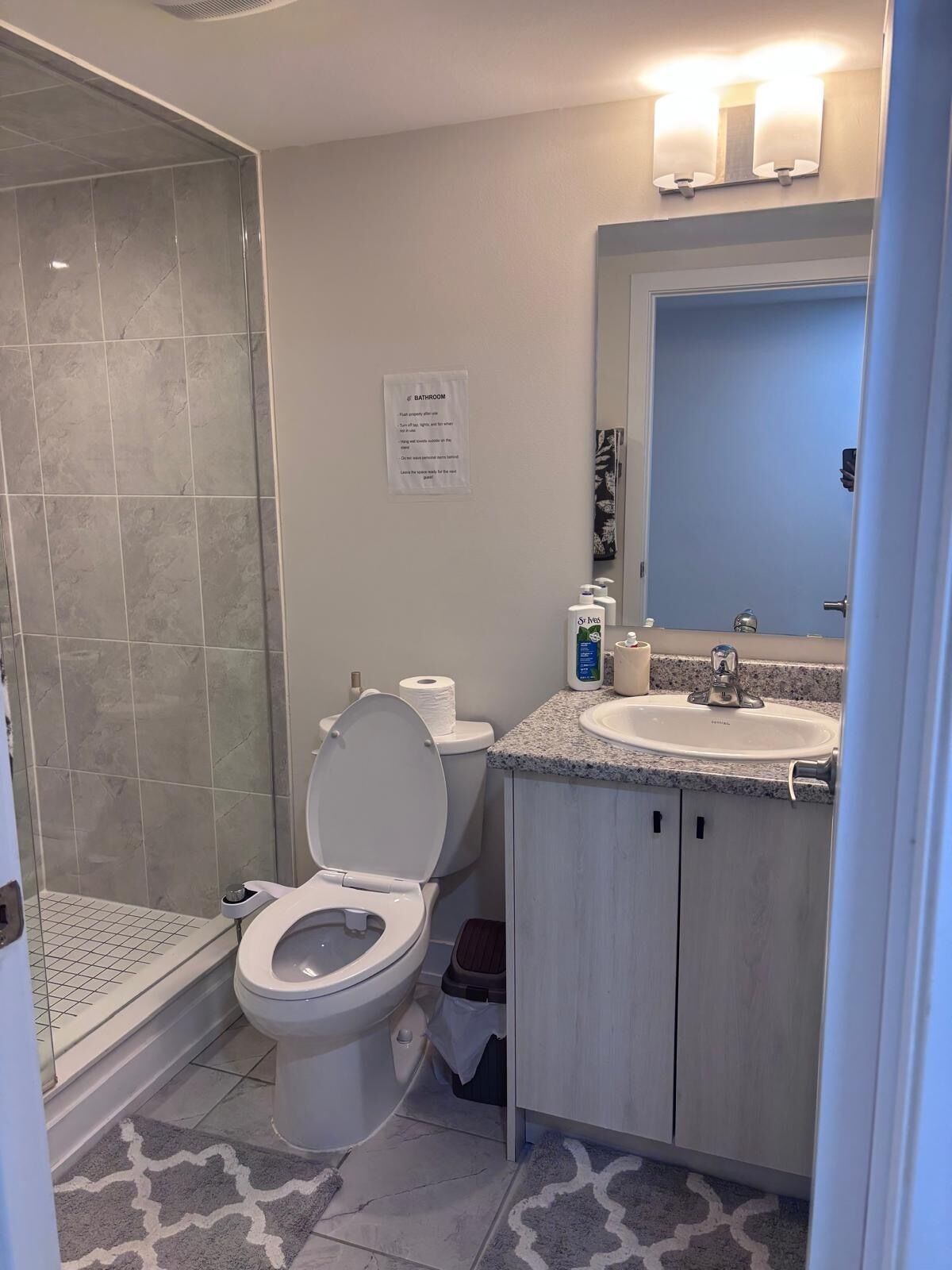 Hair dryer, bidet, towels, soap