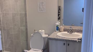 Hair dryer, bidet, towels, soap