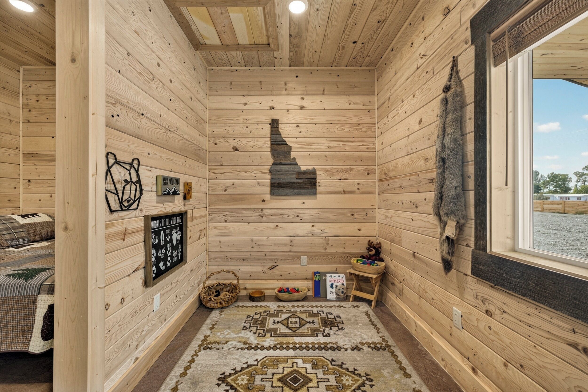 Un intérieur en bois avec une cheminée, une fenêtre et un tapis.