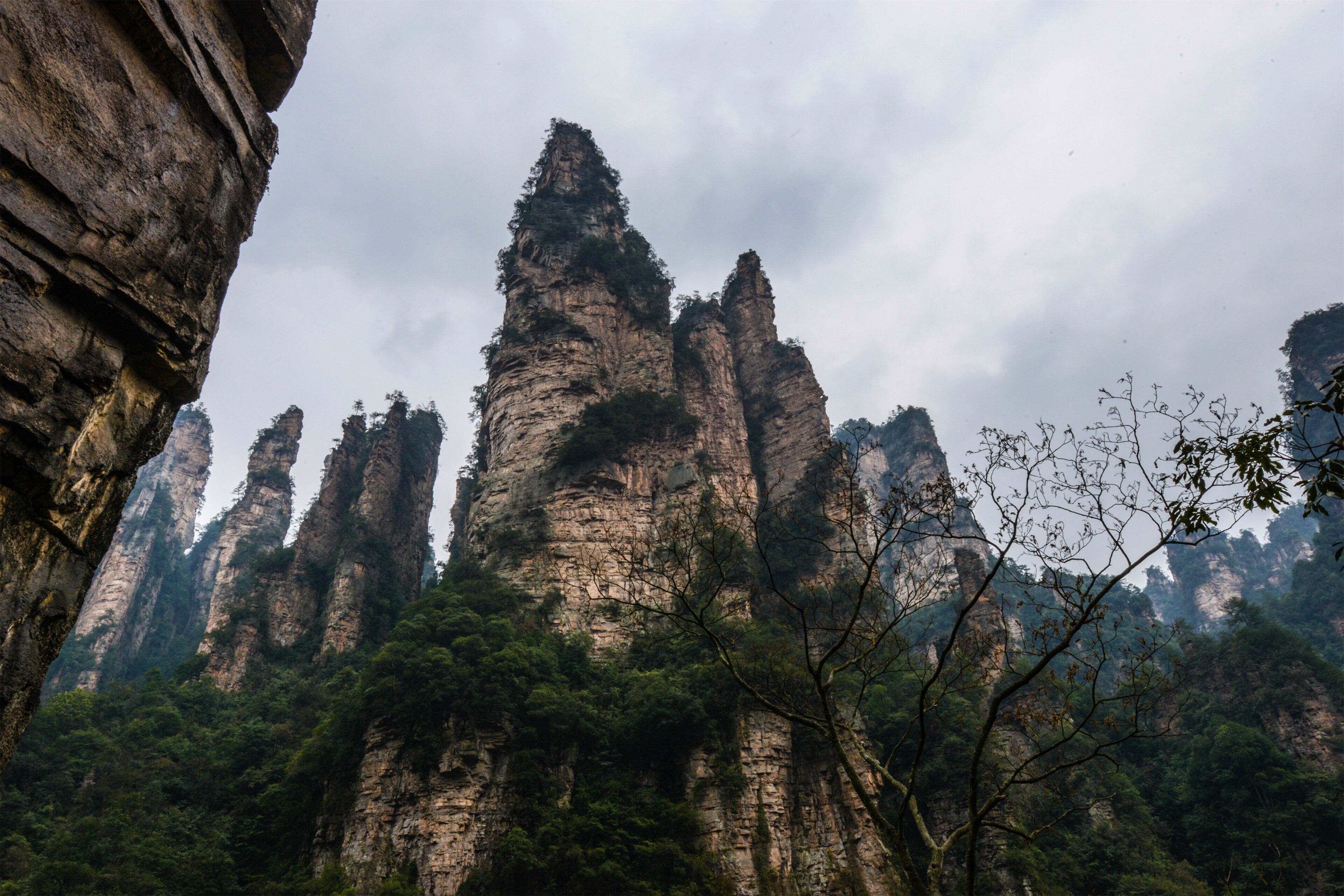 Eine gebirgige Landschaft mit hoch aufragenden, zerklüfteten Felsen und dichtem Wald.