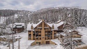 Un lodge de varios pisos con fachada simétrica, rodeado de árboles cubiertos de nieve y montañas al fondo.