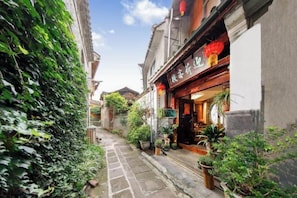 Un callejón estrecho flanqueado por edificios, con plantas en macetas y una tienda con un farol rojo.