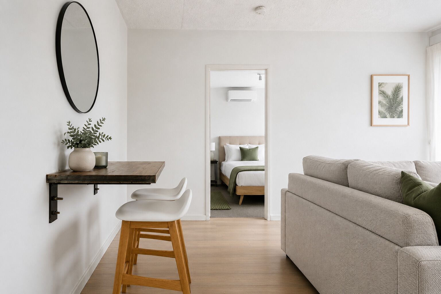 Un salon moderne avec un canapé, un tabouret en bois, une petite table sur laquelle est posée une plante, et un tableau encadré accroché au mur.