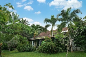 A tropical garden with a house featuring a tiled roof and a well-maintained lawn. - Huma Terra Lodge (Hikkaduwa)