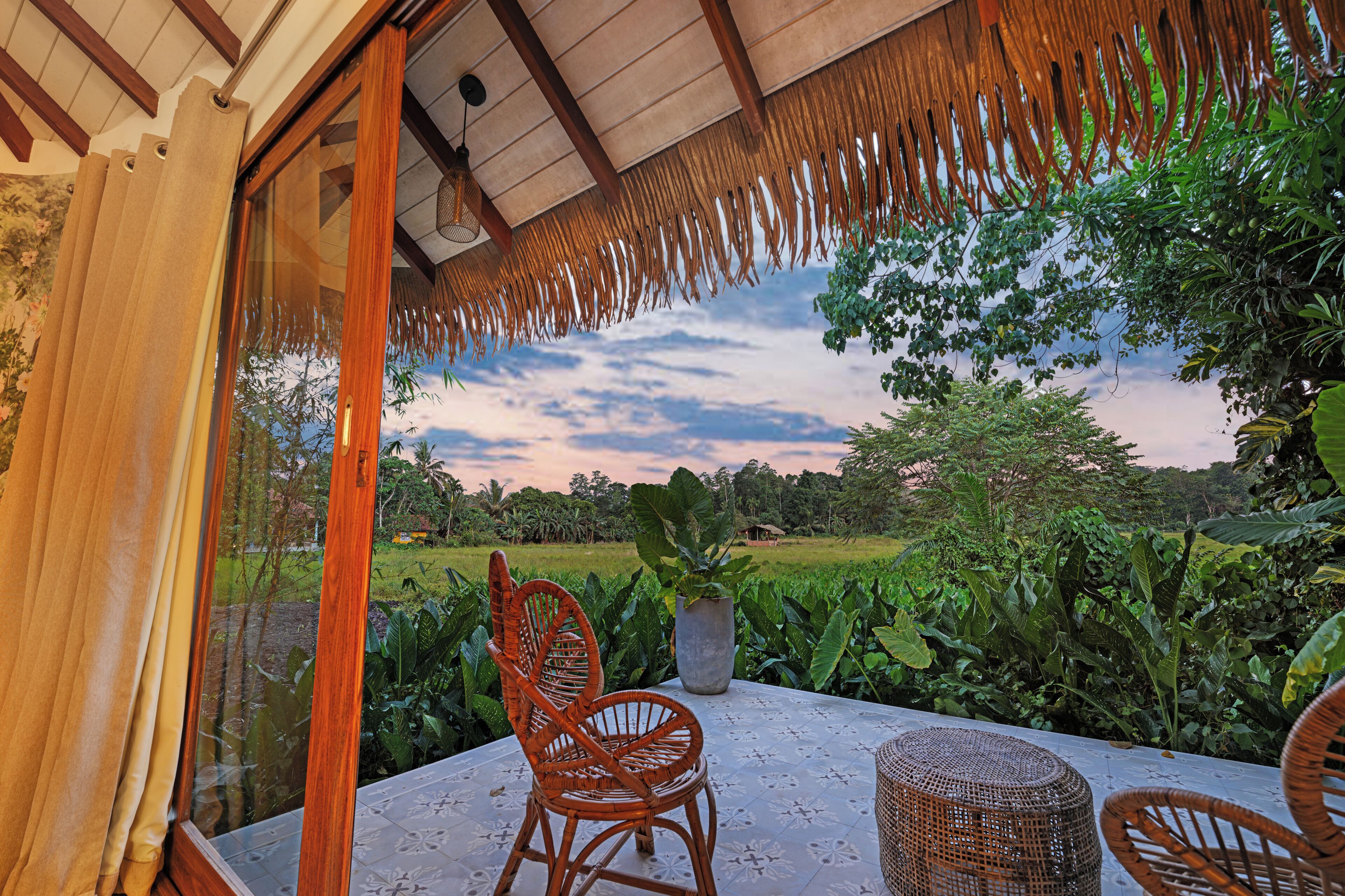 A room with a view of a lush landscape, a wicker chair, a table, and a large potted plant.