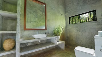 A bathroom with a white sink, a mirror, a potted plant, and a toilet.