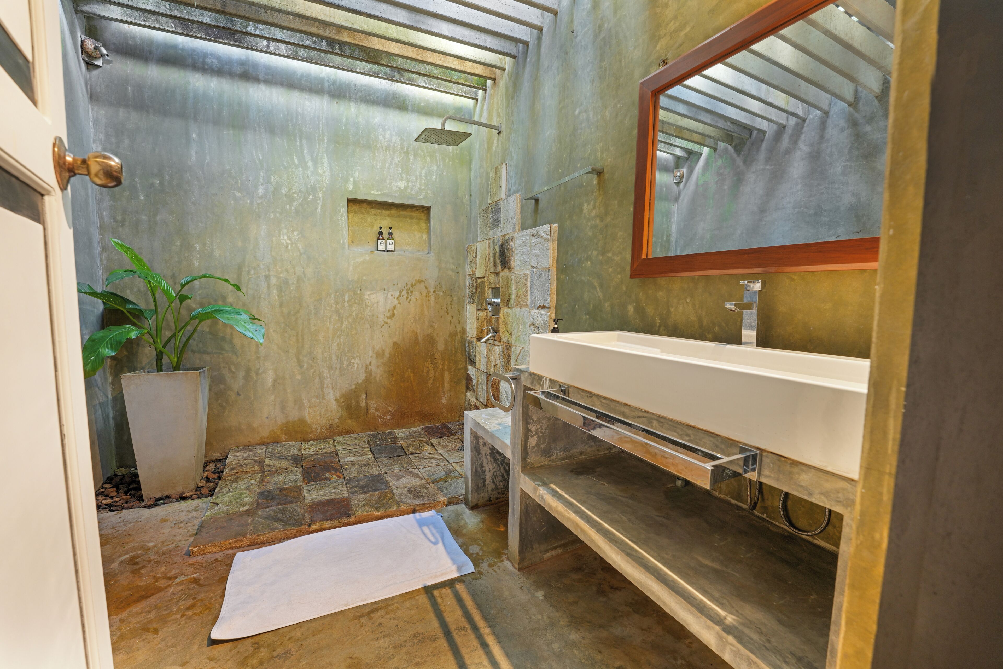 Une salle de bain avec un lavabo blanc, un miroir et une douche. On y trouve une plante et une serviette sur le sol.