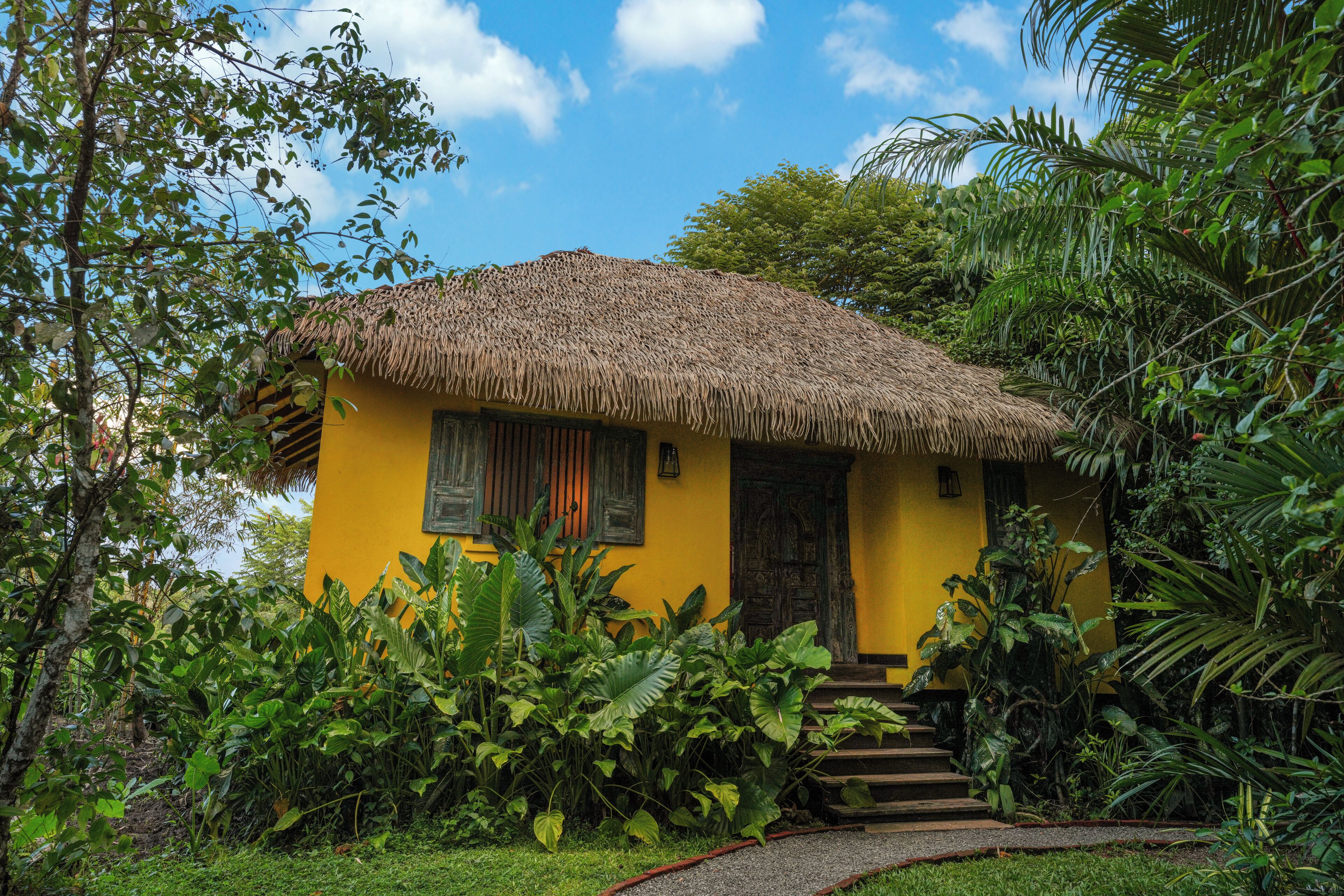 Una casa amarilla con techo de paja, rodeada de exuberante vegetación y un cielo azul despejado.
