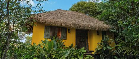 Una casa amarilla con techo de paja, rodeada de exuberante vegetación y un cielo azul despejado.