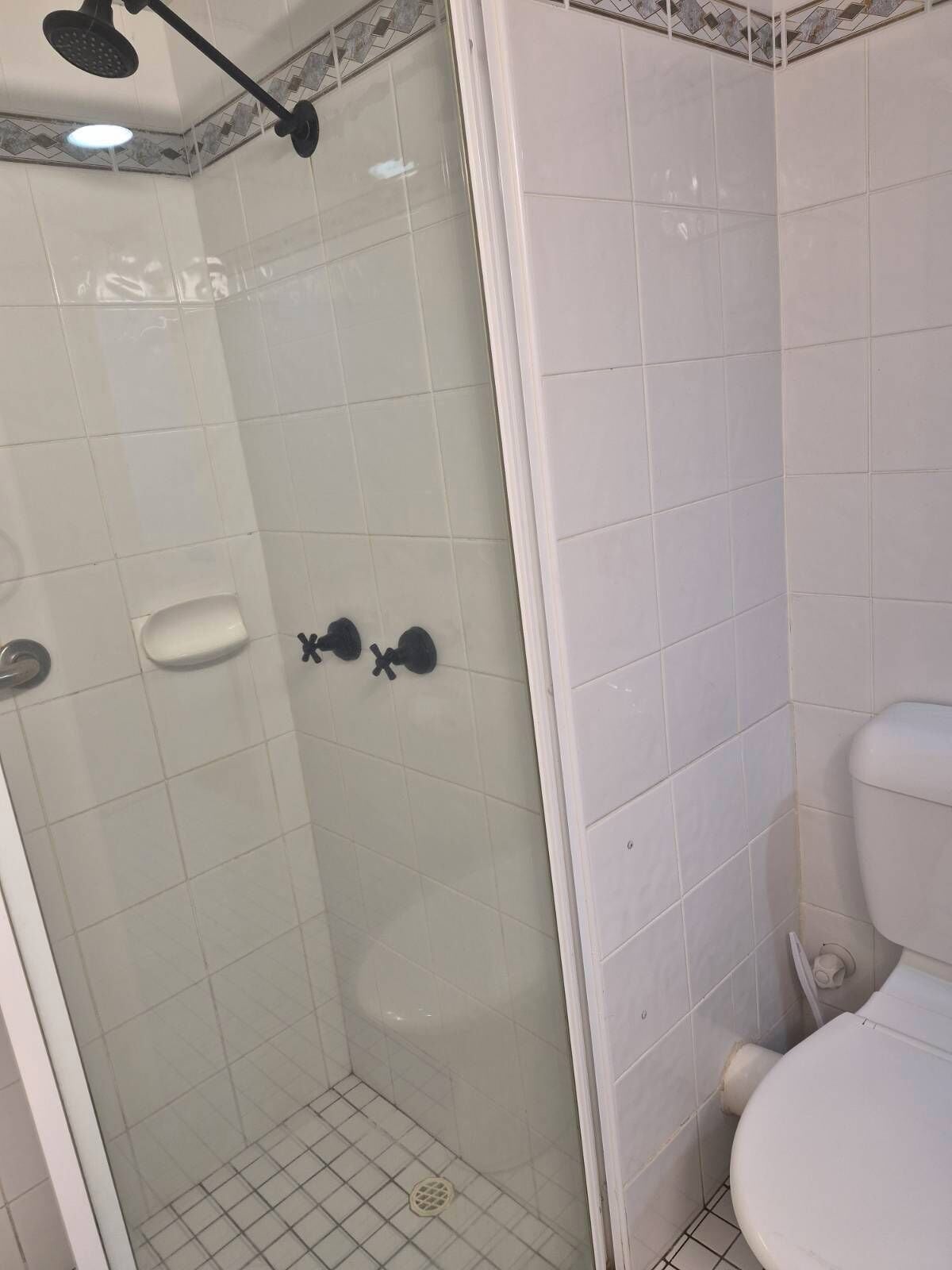 Ein Badezimmer mit einer Duschkabine, einer Toilette und einem Waschbecken.