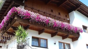 A building with a wooden balcony adorned with flowers, a metal railing, and a potted plant. - Zuppinger by Interhome (Mayrhofen)