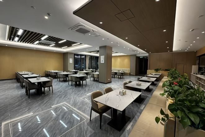 A hotel conference room with multiple tables and chairs, a large plant, and a modern ceiling design.
