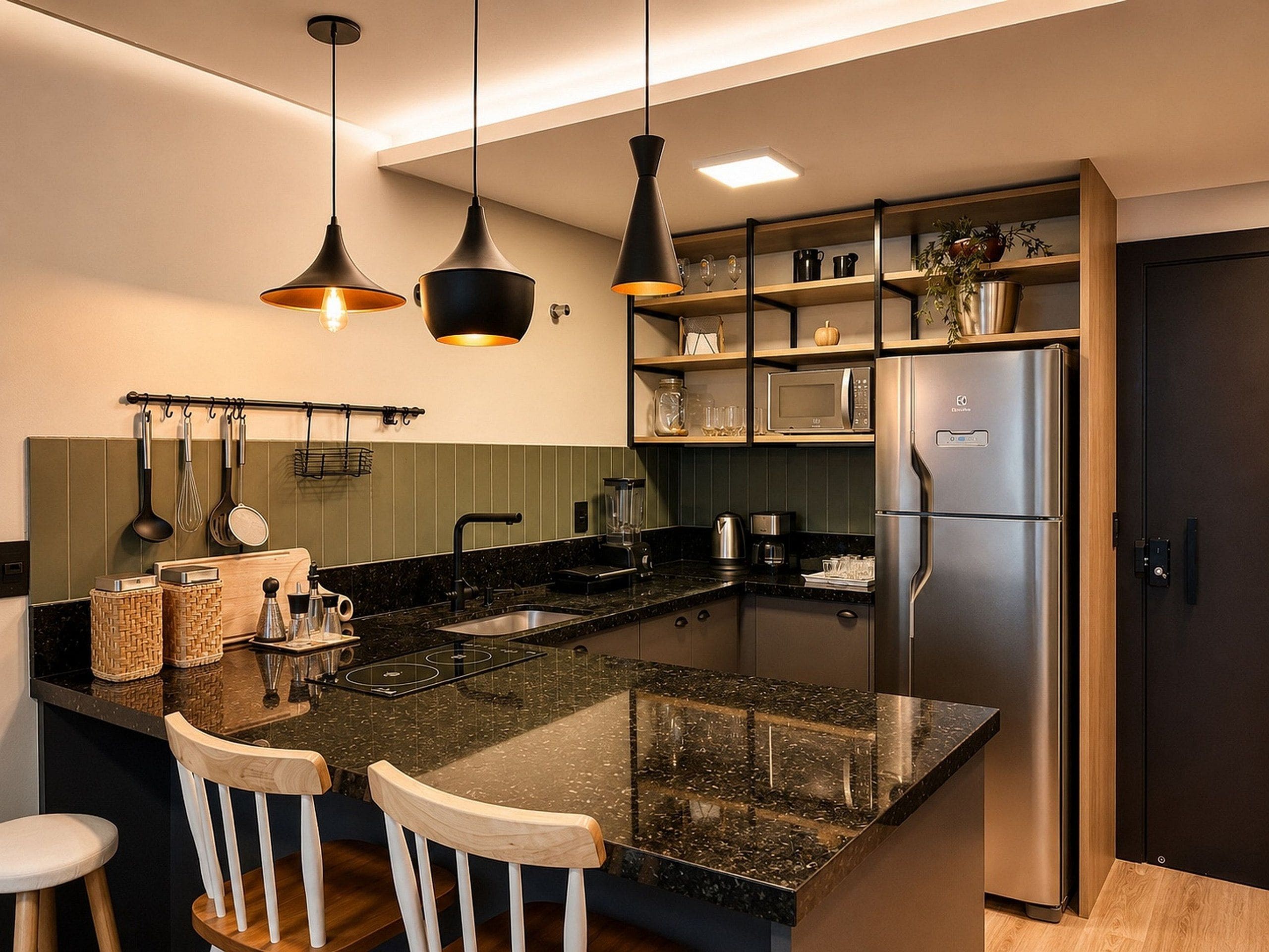 A modern kitchen with a central island, stainless steel appliances, and pendant lighting.