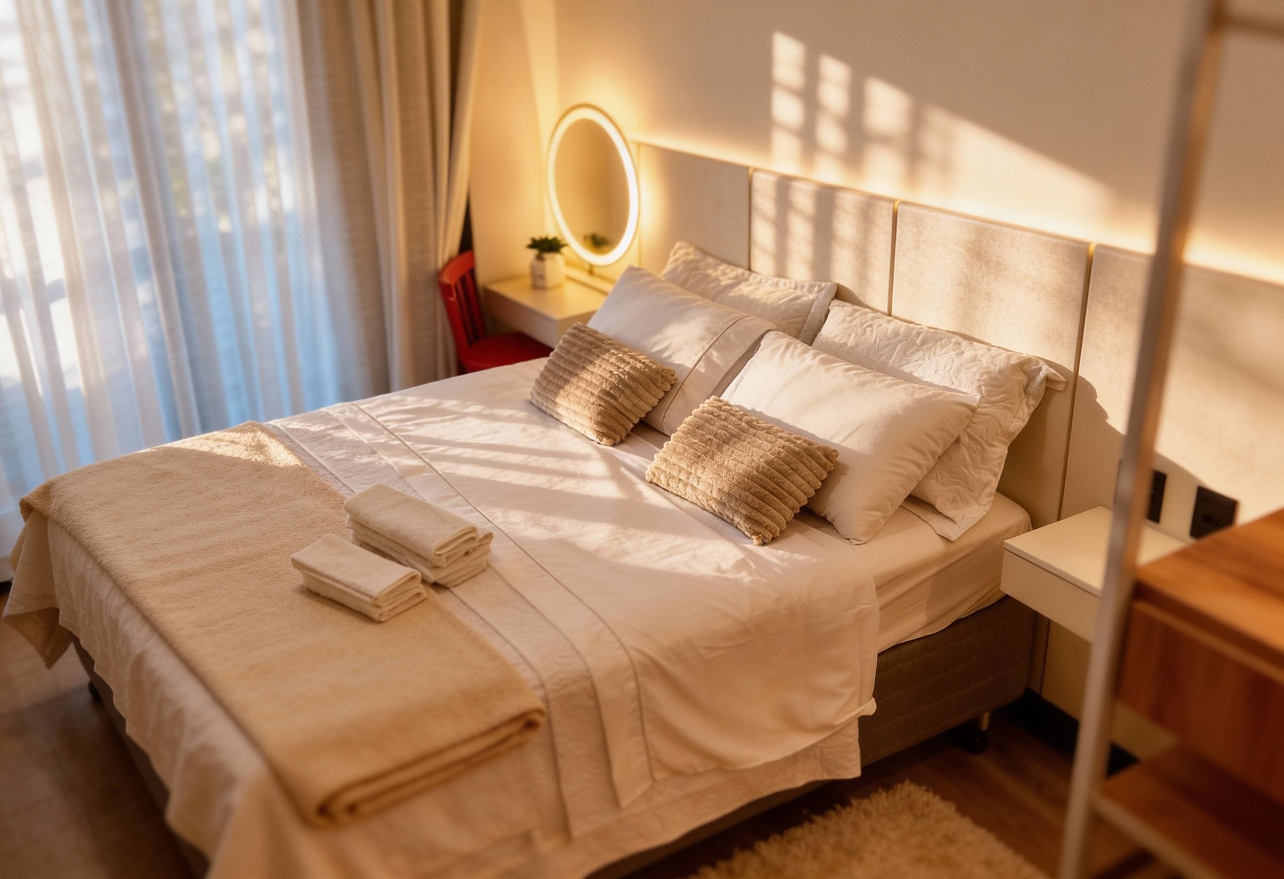 Una cama bien tendida con almohadas y una toalla doblada, una mesita de noche con una lámpara, y una ventana con cortinas.