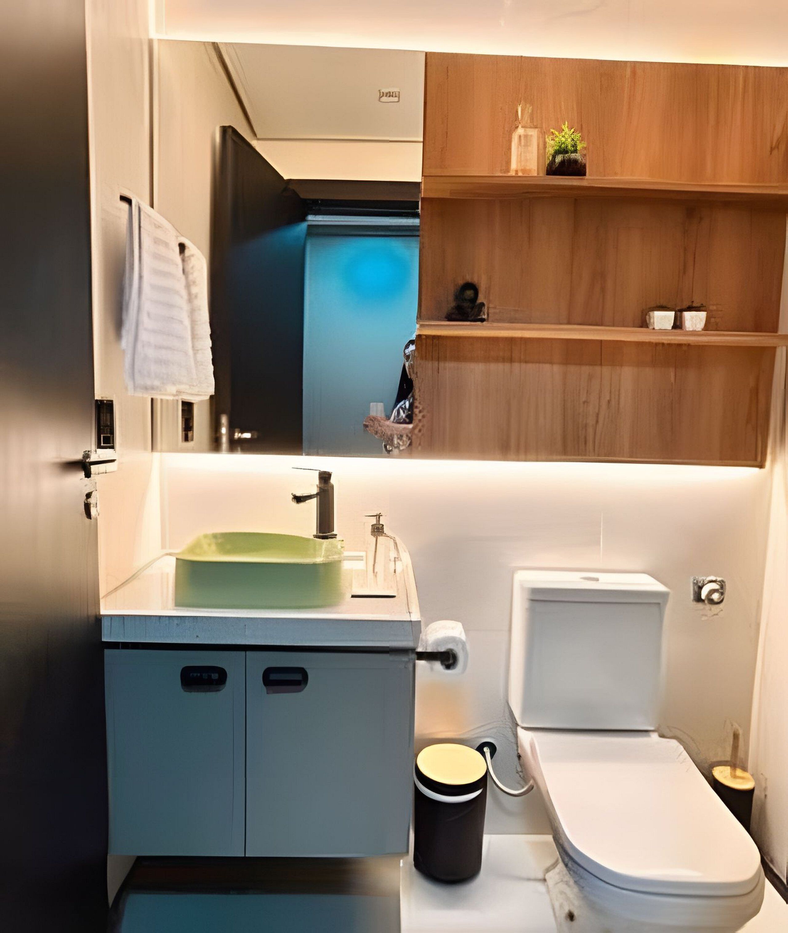 A modern bathroom with a sink, toilet, and wooden shelves.