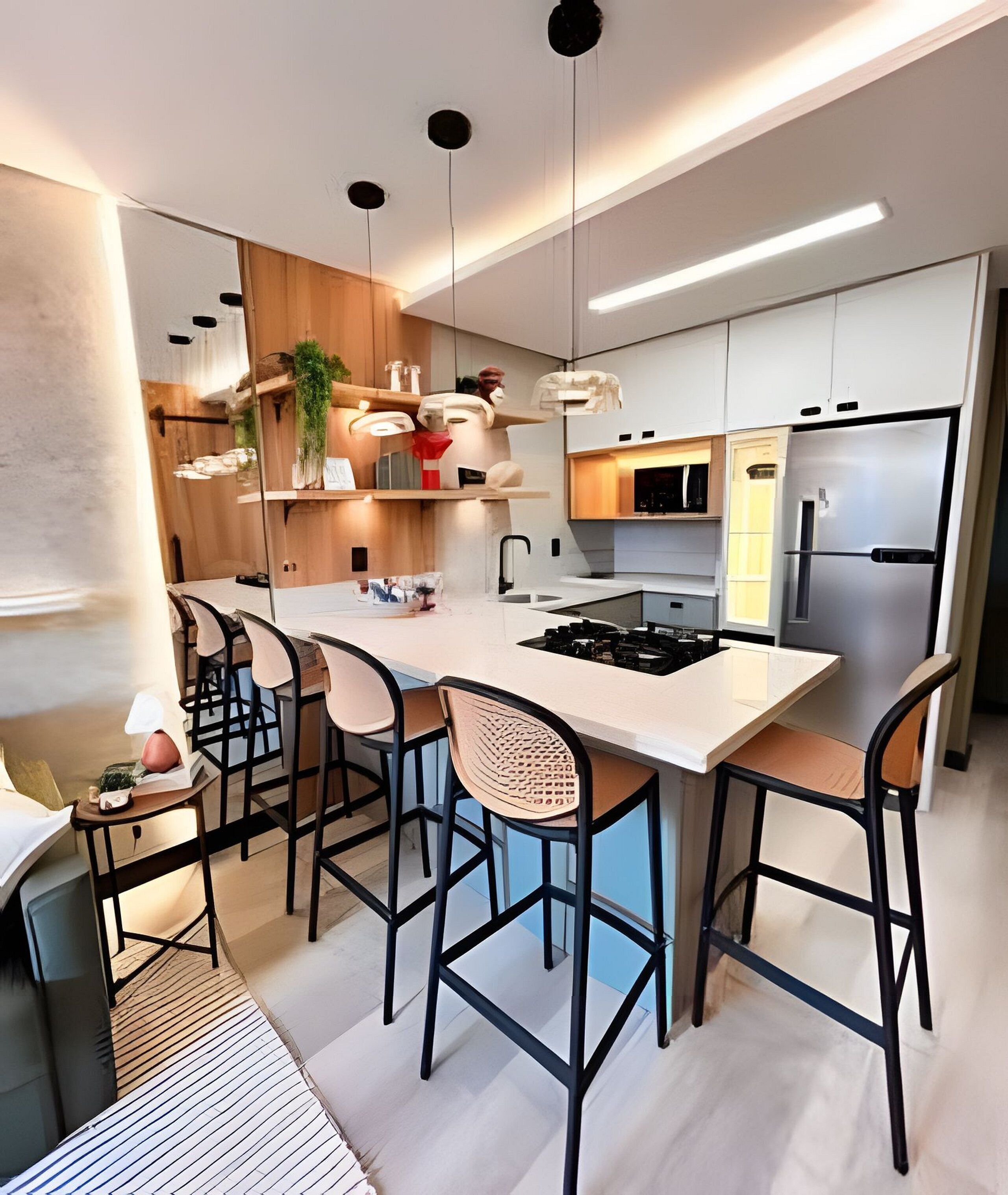 Una cocina moderna con una isla central, taburetes de bar, iluminación colgante y electrodomésticos de acero inoxidable.