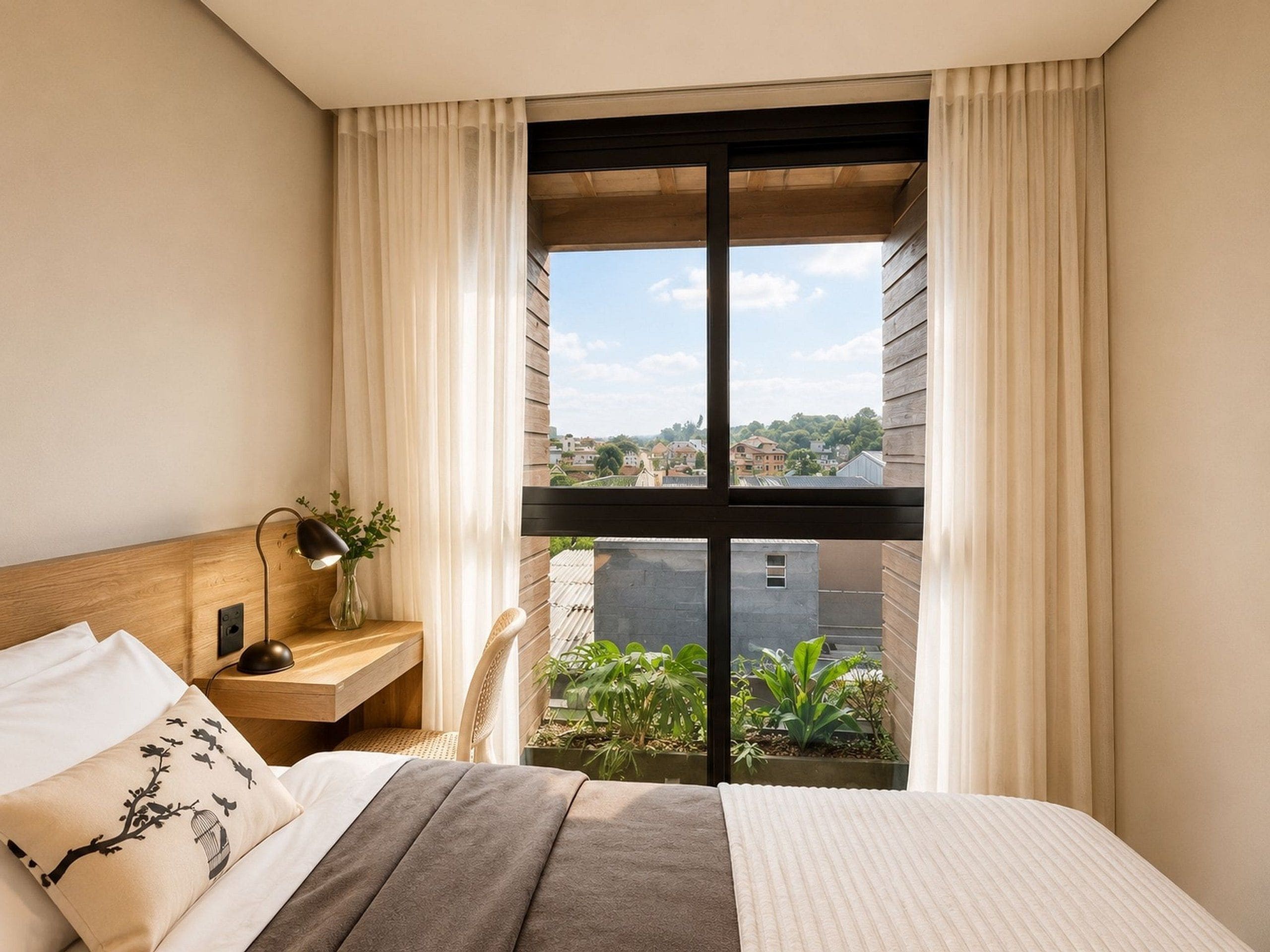 Habitación de hotel con cama, mesita de noche con lámpara, ventana con cortinas y vistas a edificios.