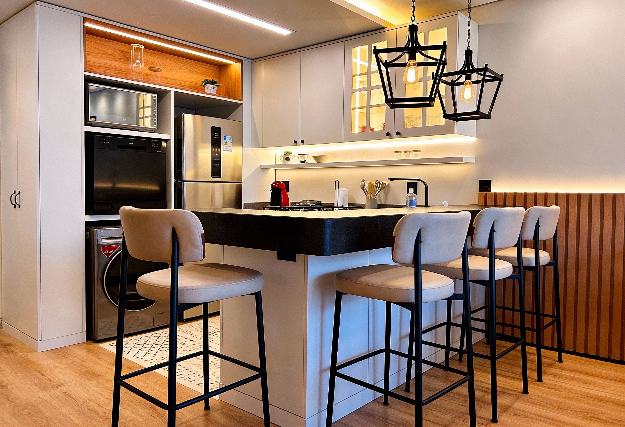 Cocina moderna con una isla central, taburetes de bar, electrodomésticos de acero inoxidable e iluminación colgante.