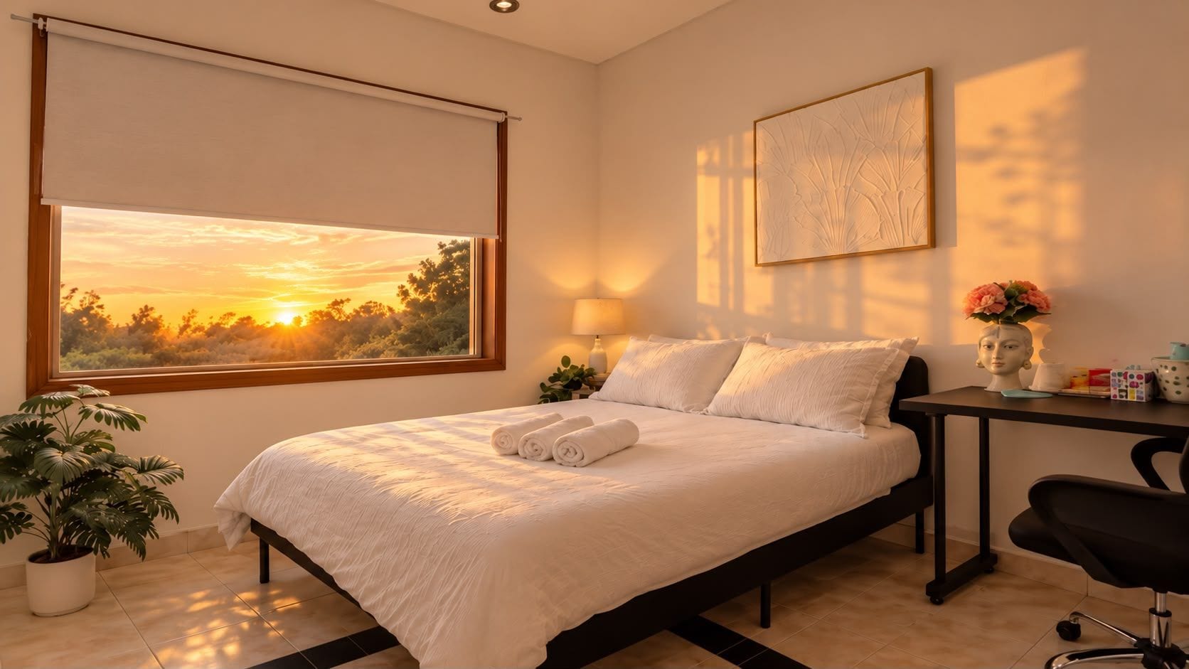 Cozy sunset-view bedroom with workspace and warm natural light
