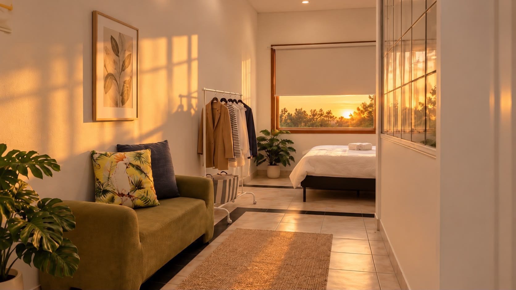 Sunlit bedroom retreat with cozy lounge seating and stunning sunset views
