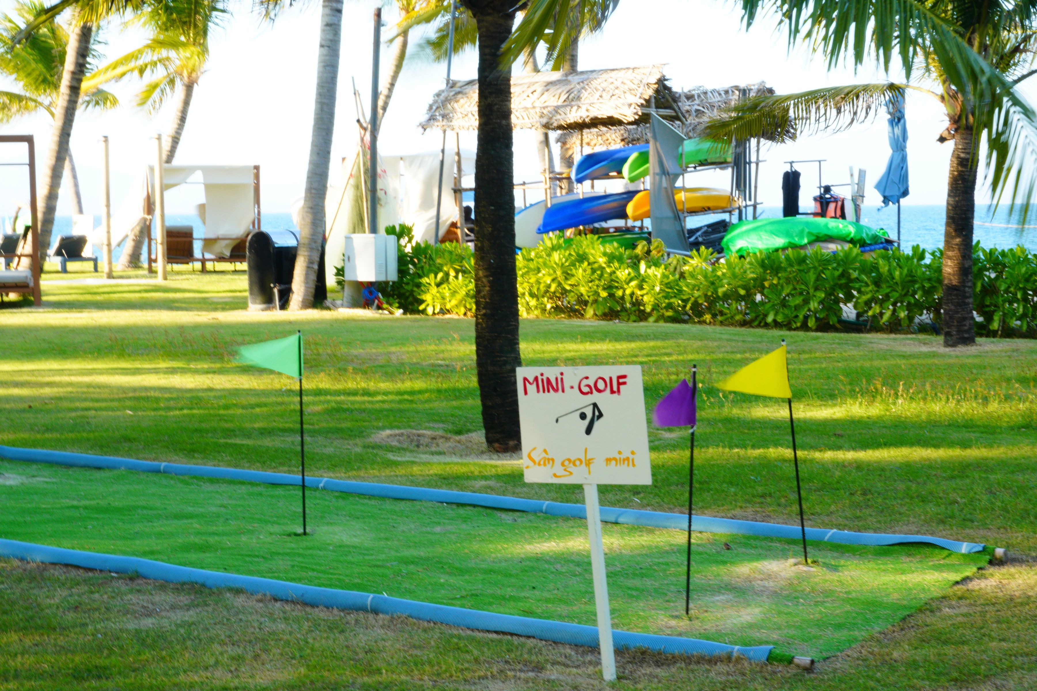 A mini-golf course with a sign, palm trees, and a water slide in the background.