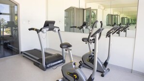 A fitness room with treadmills and elliptical machines, large mirrors, and a glass door leading outside.