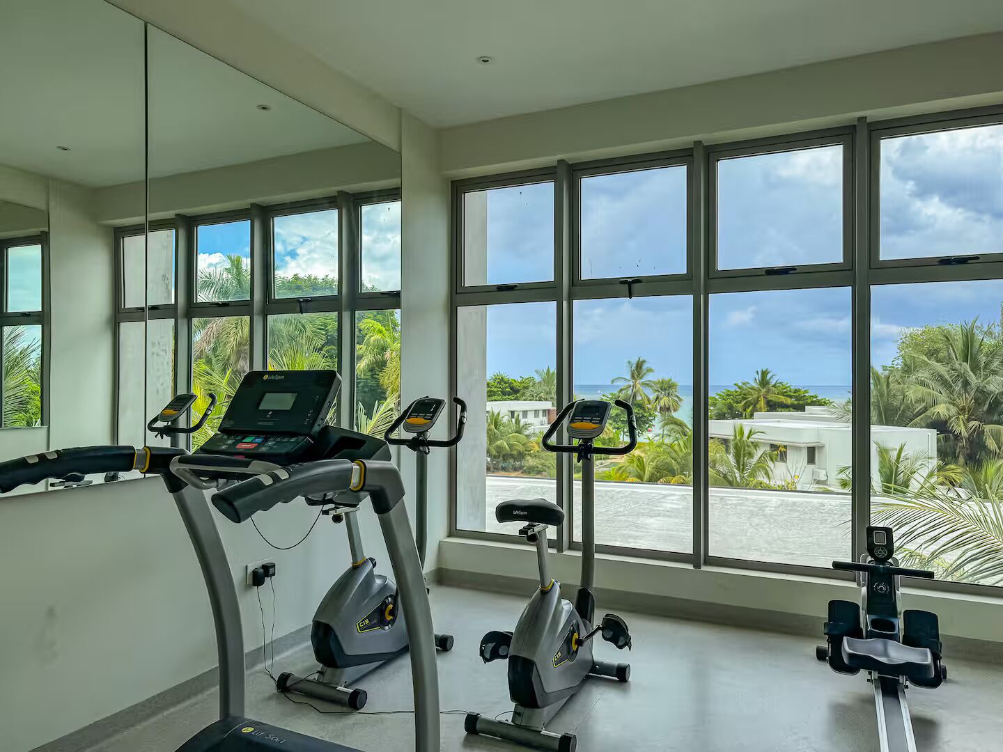 A gym with cardio machines and large windows offering a view of palm trees and a building.