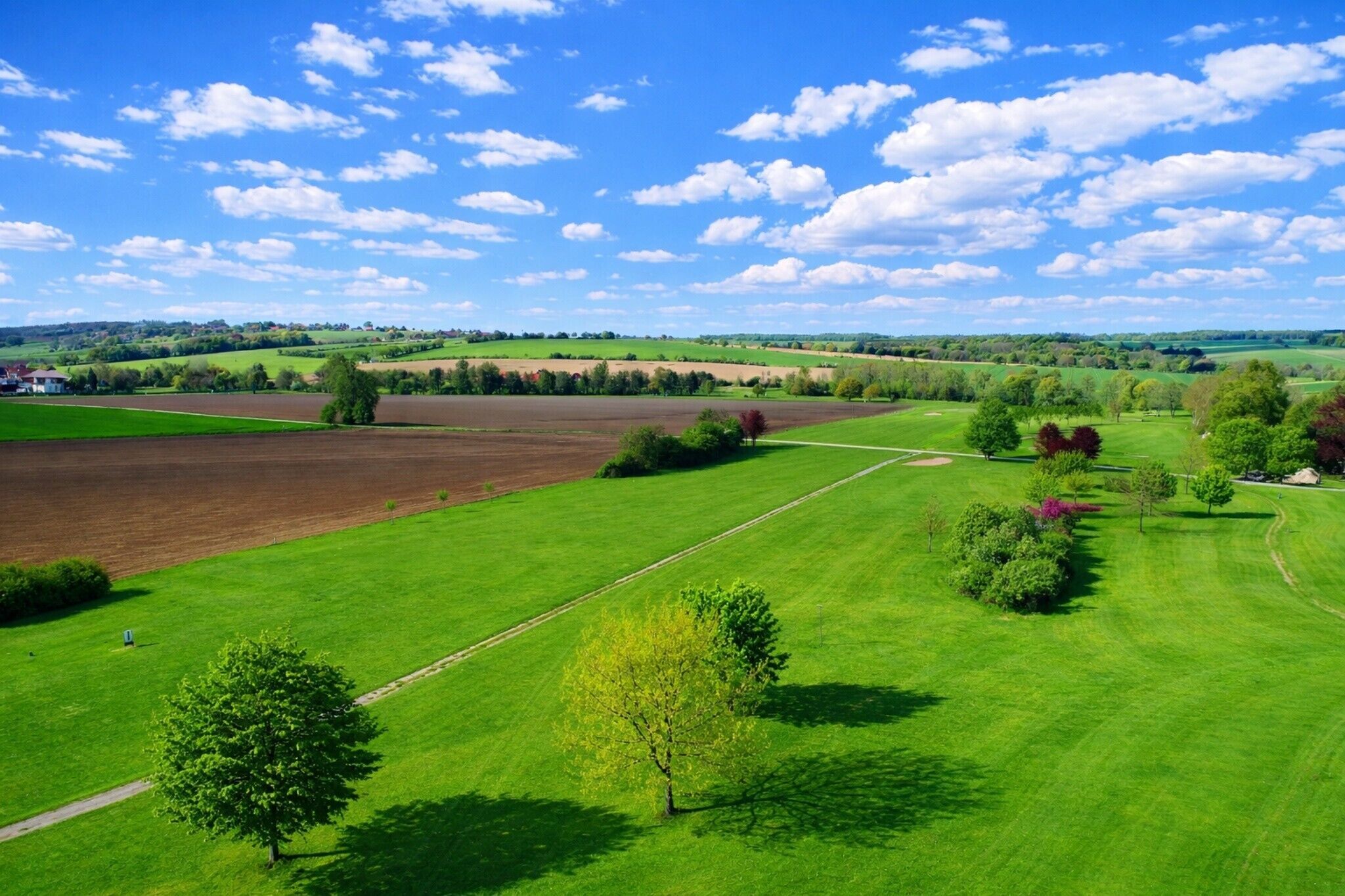 Paisagem rural com campos verdes, árvores e céu azul límpido.