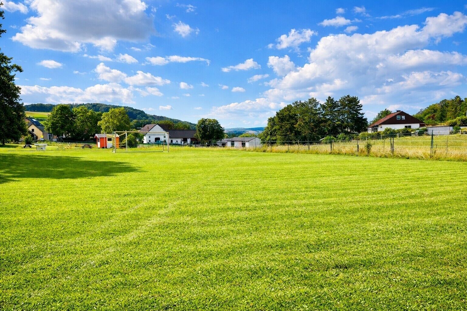 Een grasveld met huizen en bomen op de achtergrond.