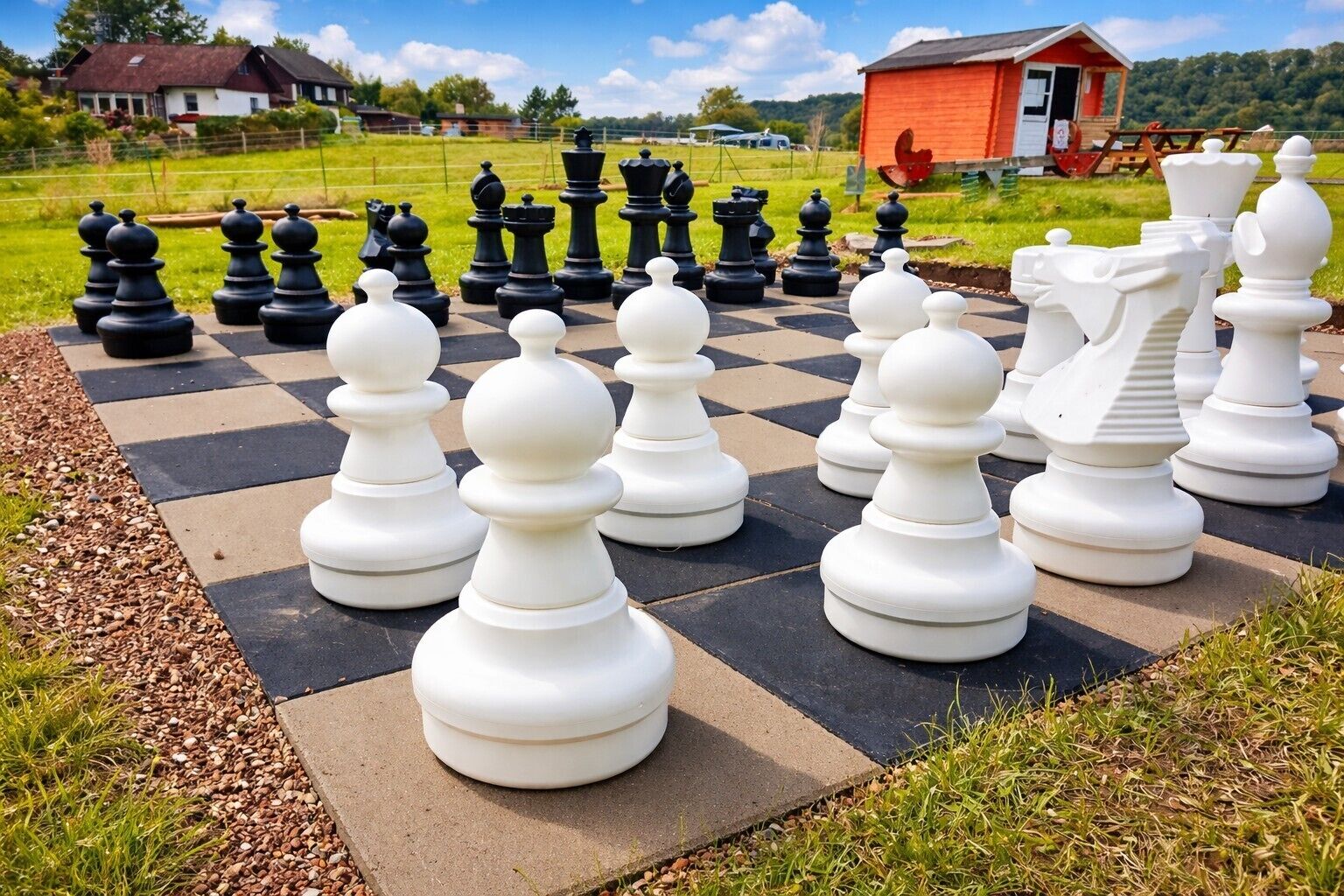A large outdoor chessboard with black and white pieces, set on a paved surface with grass around, under a clear sky.