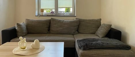 A living room with a sofa, a coffee table, and a window with blinds.