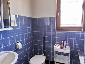 Ein Badezimmer mit blauen Fliesen, einer Toilette, einem Waschbecken, einer Dusche und einem Fenster.